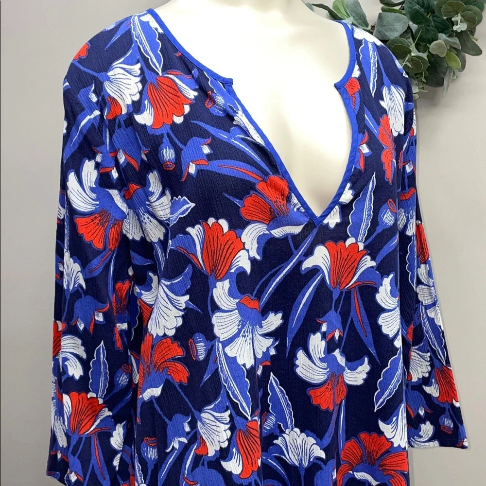 J. Crew Cotton Gauze Tunic V-neck 3/4 Sleeve Floral Print Cover-Up XL